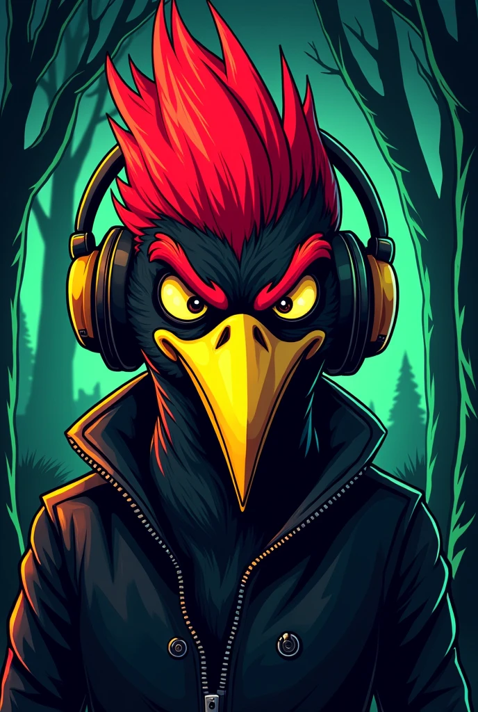 A mockup of a black vest with a cartoon illustration of a woodpecker's face, with an aggressive visual, using headphones. The feathers on the woodpecker's head should be red and black., and the long yellow beak. Place trees in the background and create a color balance of neon green and red