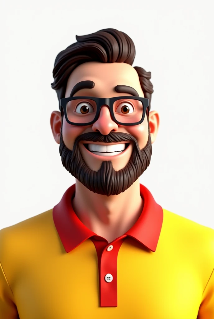 3d image portrait with white background 40 year old man white color, dark brown, brown beard glasses large text crimped yellow polo shirt with red collar well-humored smiling