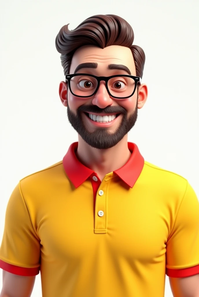 3d image portrait with white background 40 year old man white color, dark brown, brown beard glasses large text crimped yellow polo shirt with red collar well-humored smiling