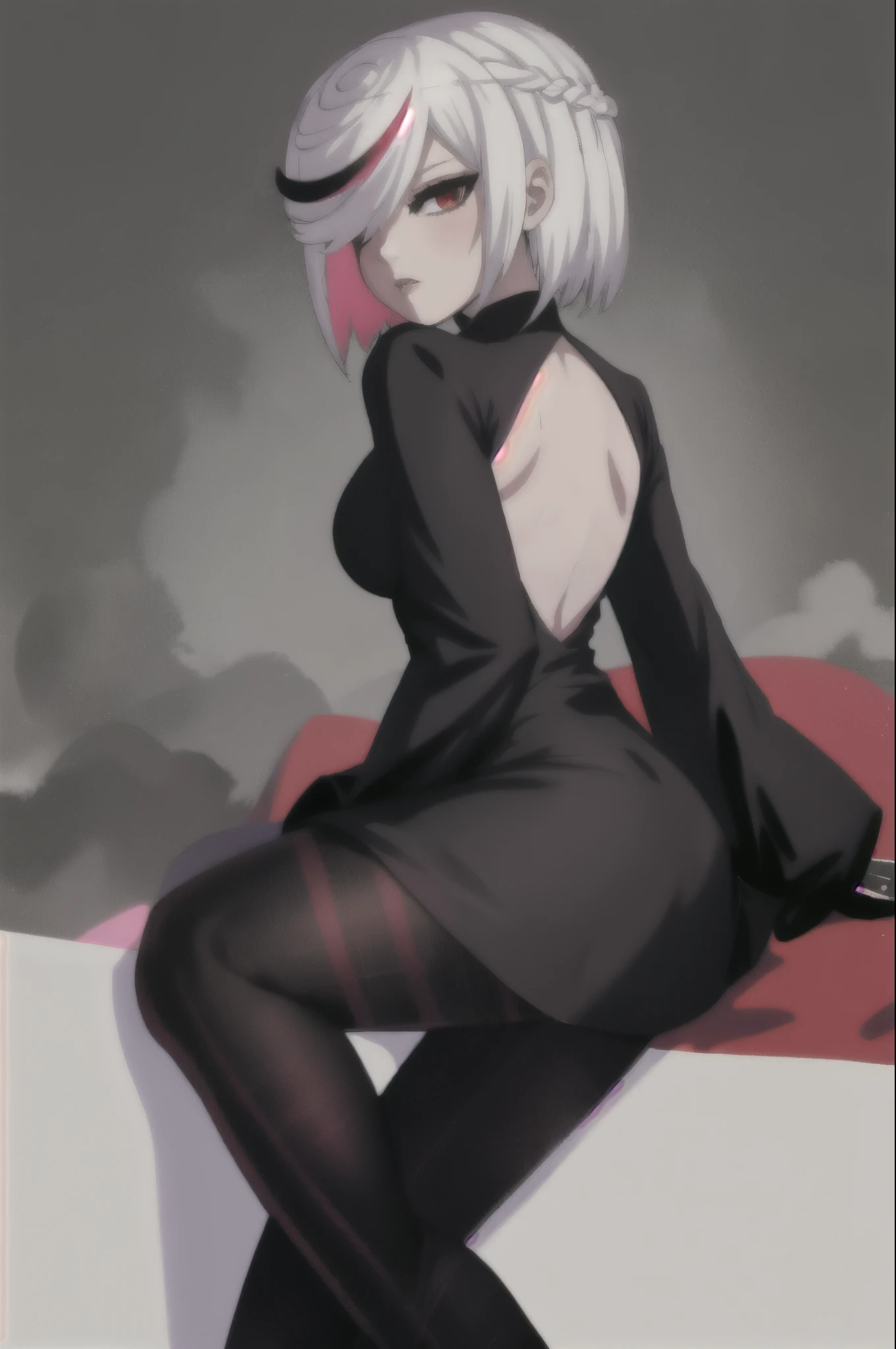 sthsage, Sage as an Adult, ((lower back length hair)), white hair, multicolored hair, hair over one eye, red eyes, black dress, black pantyhose, sitting, blank expression, ((lab background)), medium breasts, long sleeves, 
