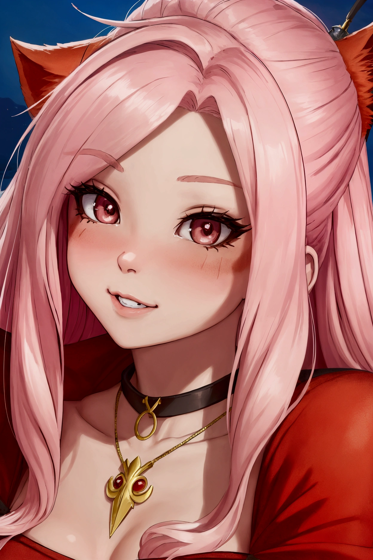 NFSW, work of art, linda arte, 8k, style of art by shaman240, very highly detailed face, detailed hair, detailed clothing, detailed fabric, 1 girl, beautiful face, long hair, light pink hair , model headshot, front camera, very detailed red cat eyes, sensual smile, close-up view, Zoom in, posing topless, necklase, chocker, rosy cheeks, night setting,