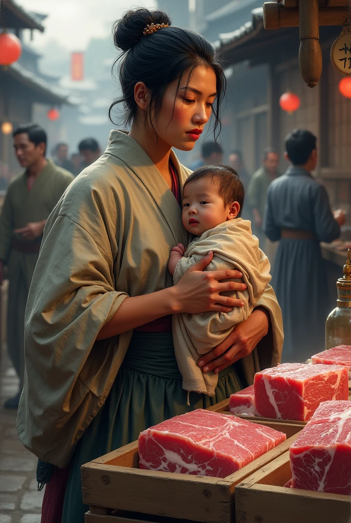 Japanese peasant woman with her baby selling raw meat at a market in the year 1800