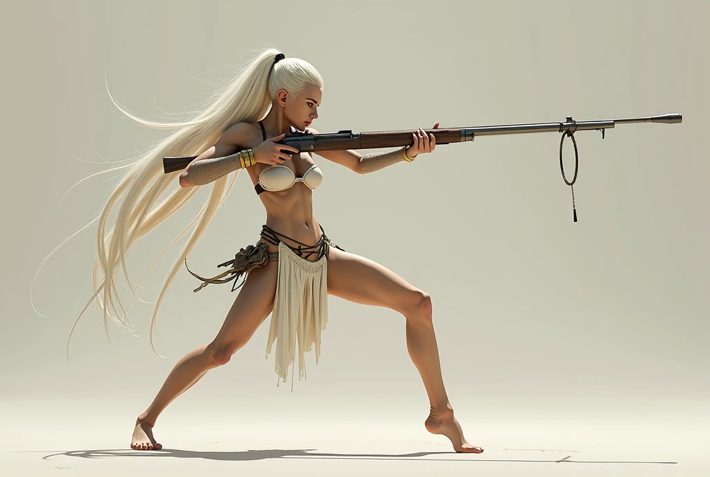A waif gaussian loincloth and top holding a long thin long rifle, in a dynamic splits pose aiming at its prey, 8k,