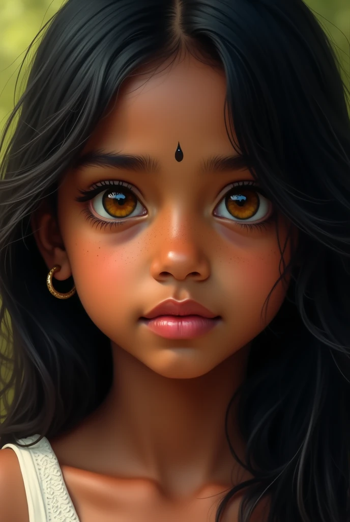 indian girl, big face, dark skin brunette, straight and smooth hair hanging dark black color, light yellow eyes, splattered nose