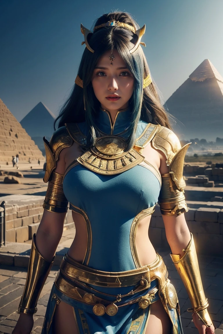 ((Highest quality、8k、masterpiece:1.3))、Photorealistic, Sharp focus, high resolution, High resolution, Portraiture, One person, woman, beautiful woman, sexy、古代エジプトを歩くエジプトのwoman戦士、Complex technology, Pyramids and ancient Egyptian cities far away、cyber-、Light and shadow、Cyan Light、