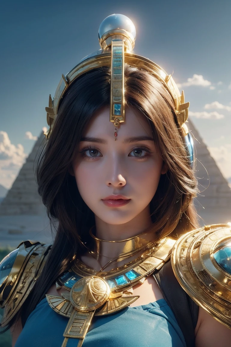 ((Highest quality、8k、masterpiece:1.3))、Photorealistic, Sharp focus, high resolution, High resolution, Portraiture, One person, woman, beautiful woman, sexy、古代エジプトを歩くエジプトのwoman戦士、Complex technology, Pyramids and ancient Egyptian cities far away、cyber-、Light and shadow、Cyan Light、