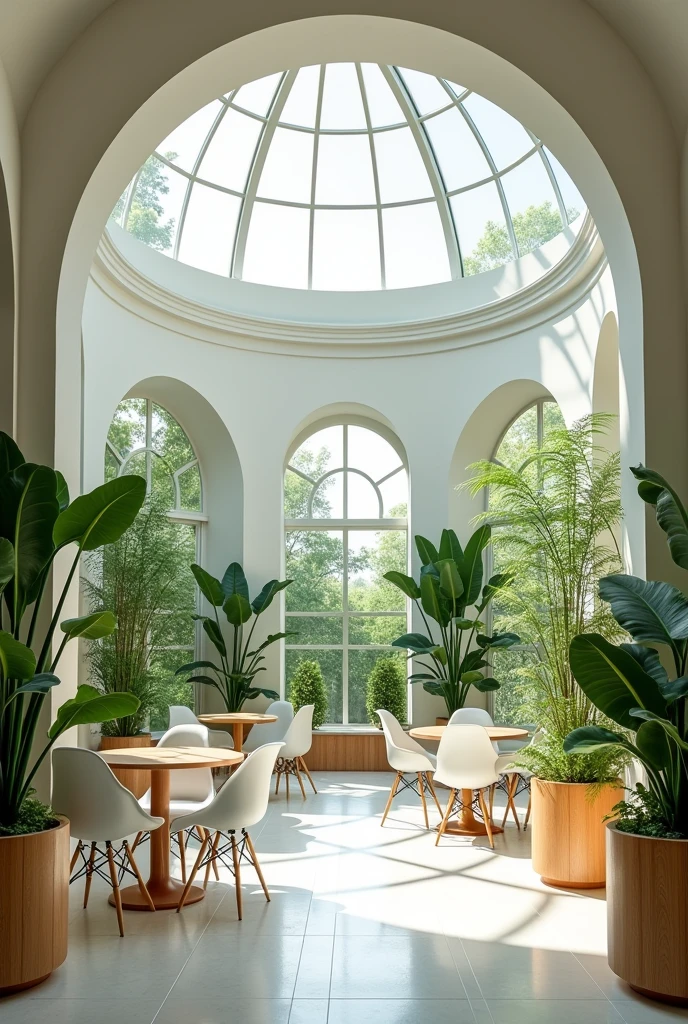 It is a vaulted structure with a circular dome and is glazed to allow a view of the greenery outside.The walls are made of white stone with decorative arched window frames.The interior is lush, with tropical plants in wooden flowerpots.White Eames chair-like chairs and round tables give the space a café-like atmosphere.Overall, the space is bright and open, with a natural atmosphere.
