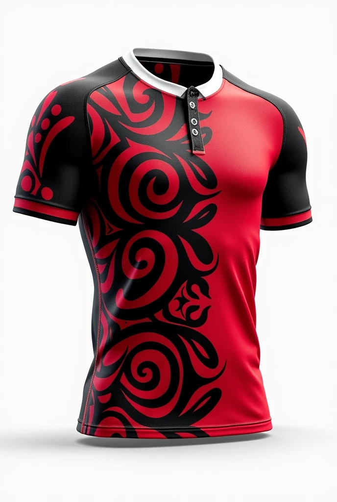 Create for me jersey on sleeve maori pattern colour red black based white/black collar white background jersey only no model clear design front view