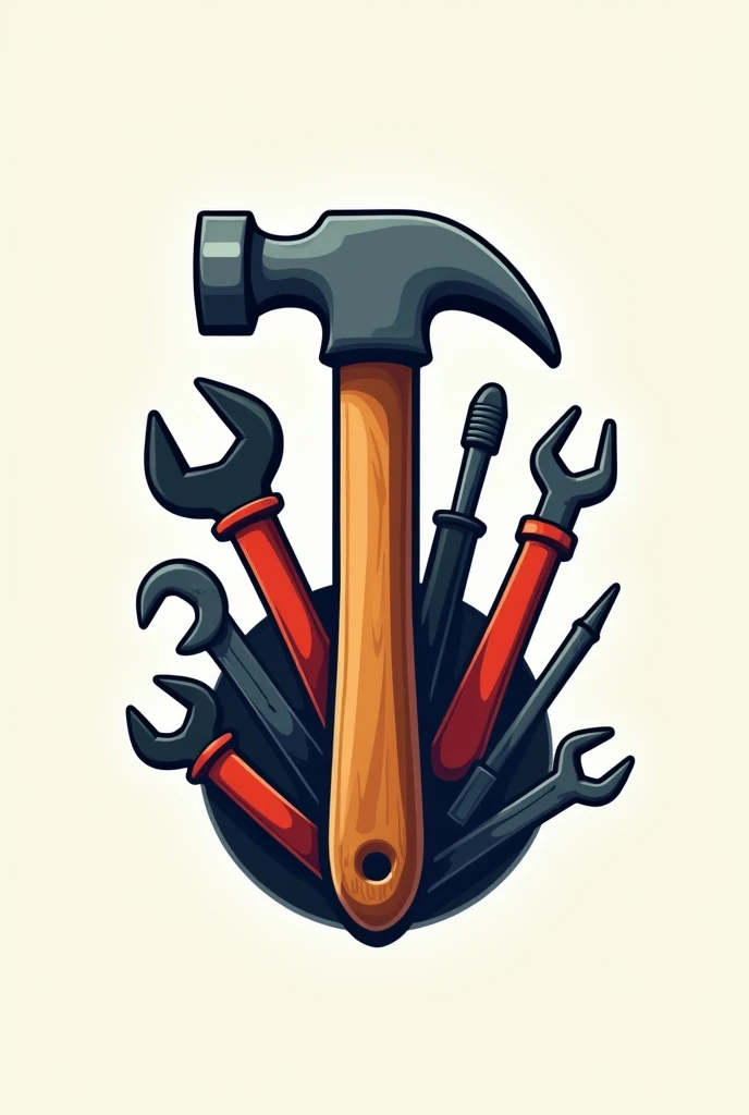 A fictional hardware store logo with hammer and other tools