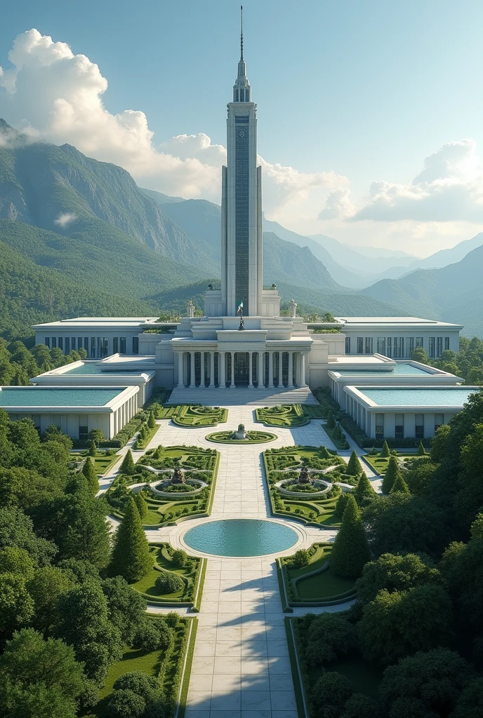 A company headquarters with it's flag ,in it's own compound isolated from others with beautiful compound and sorrounding that is very long I want it to be very broad not long