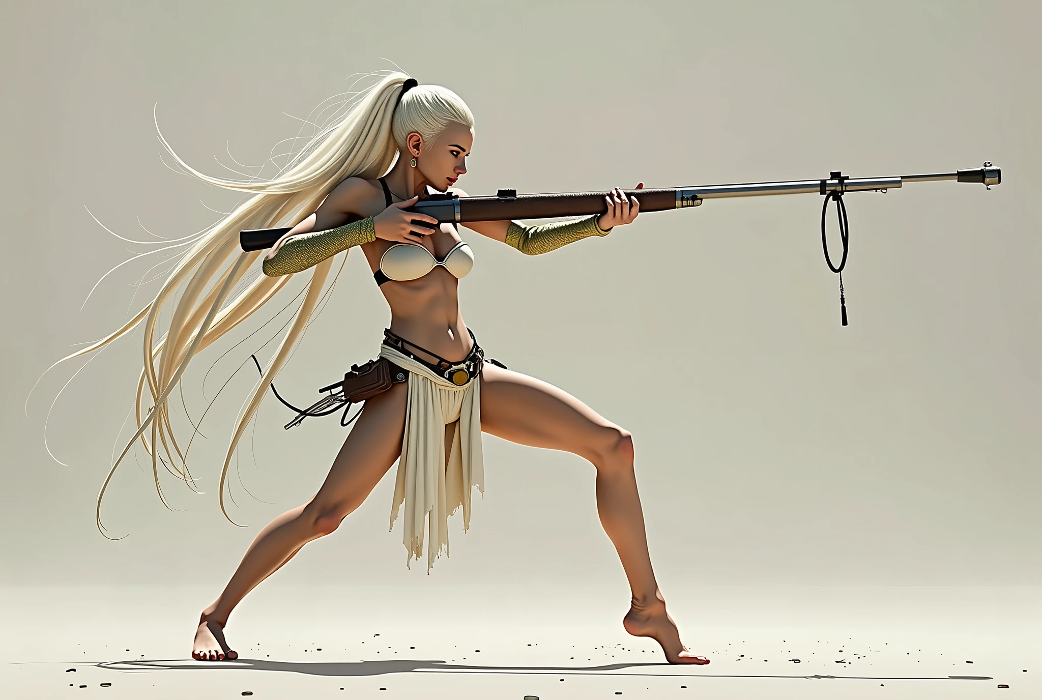 A waif gaussian loincloth and top holding a long thin long rifle, in a dynamic splits pose aiming at its prey, 8k,