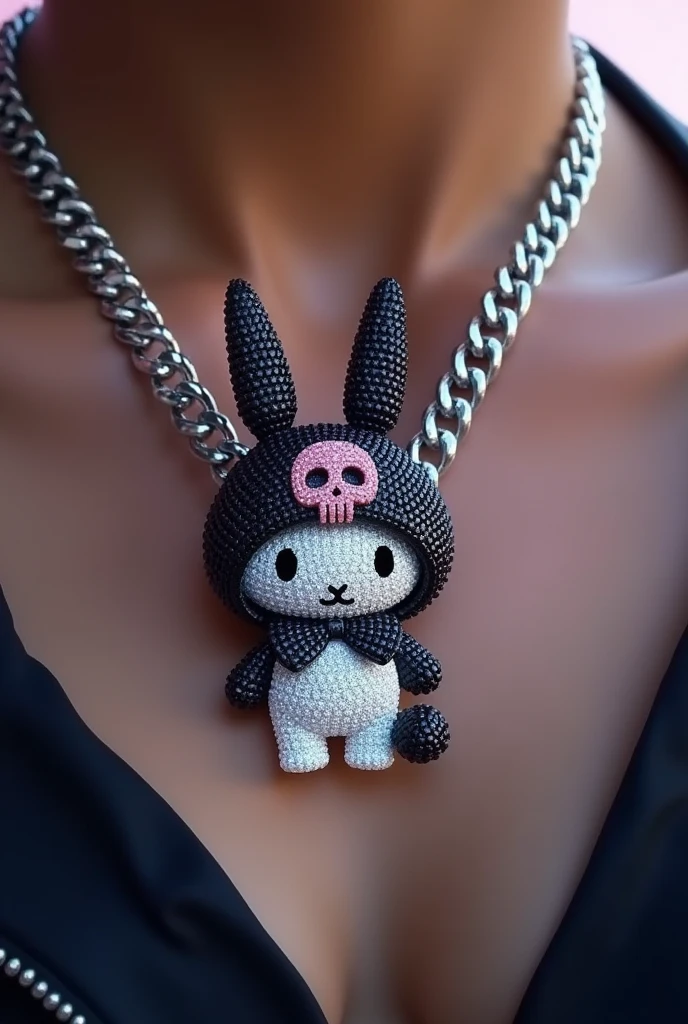 A Cuban-style chain necklace with a pendant featuring Kuromi is a fictional character. She is a naughty and somewhat rebellious bunny from the world of My Melody. Kuromi has a black hood with a pink skull in the center and a clown collar and a black demon tail, three-pointed triangular ears with two little balls on the tip of the female ear, and a white body. . Made of diamonds, diamond scraps facing forward.