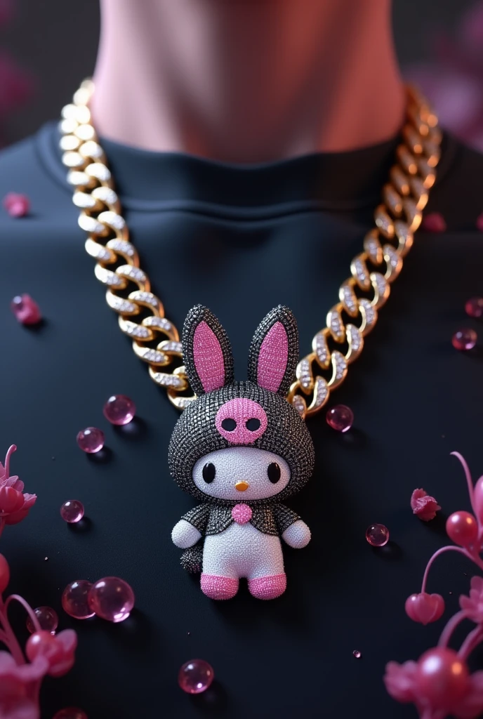 A Cuban-style chain necklace with a pendant featuring Kuromi is a fictional character. She is a naughty and somewhat rebellious bunny from the world of My Melody. Kuromi has a black hood with a pink skull in the center and a clown collar and a black demon tail, three-pointed triangular ears with two little balls on the tip of the female ear, and a white body. . Made of diamonds, diamond scraps facing forward.