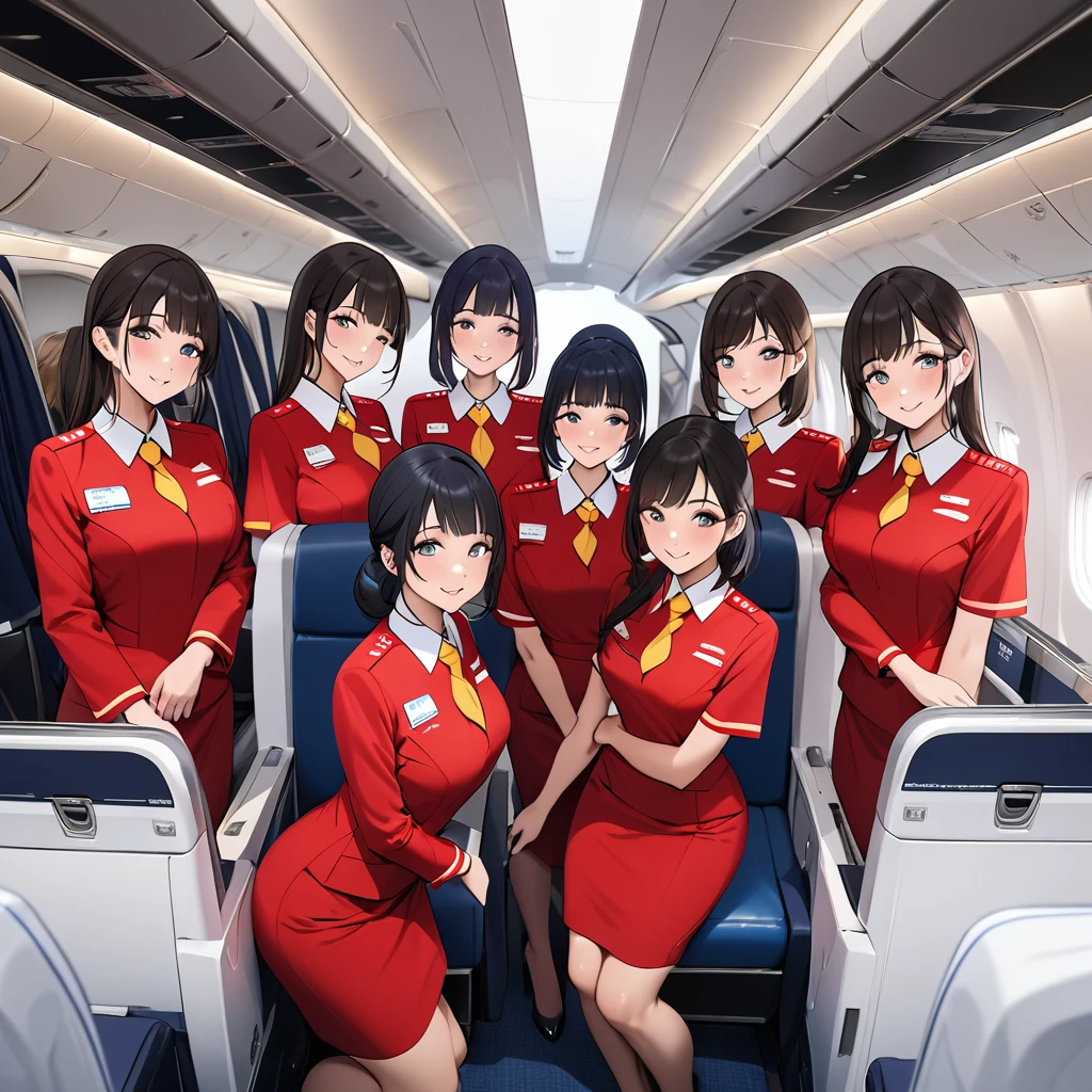 ((Highest quality)), ((masterpiece)), (detailed), （Perfect Face）、The woman is Reika Aoki with semi-long hair、The woman is a flight attendant for a Chinese airline.、Five flight attendants in red uniforms taking a photo