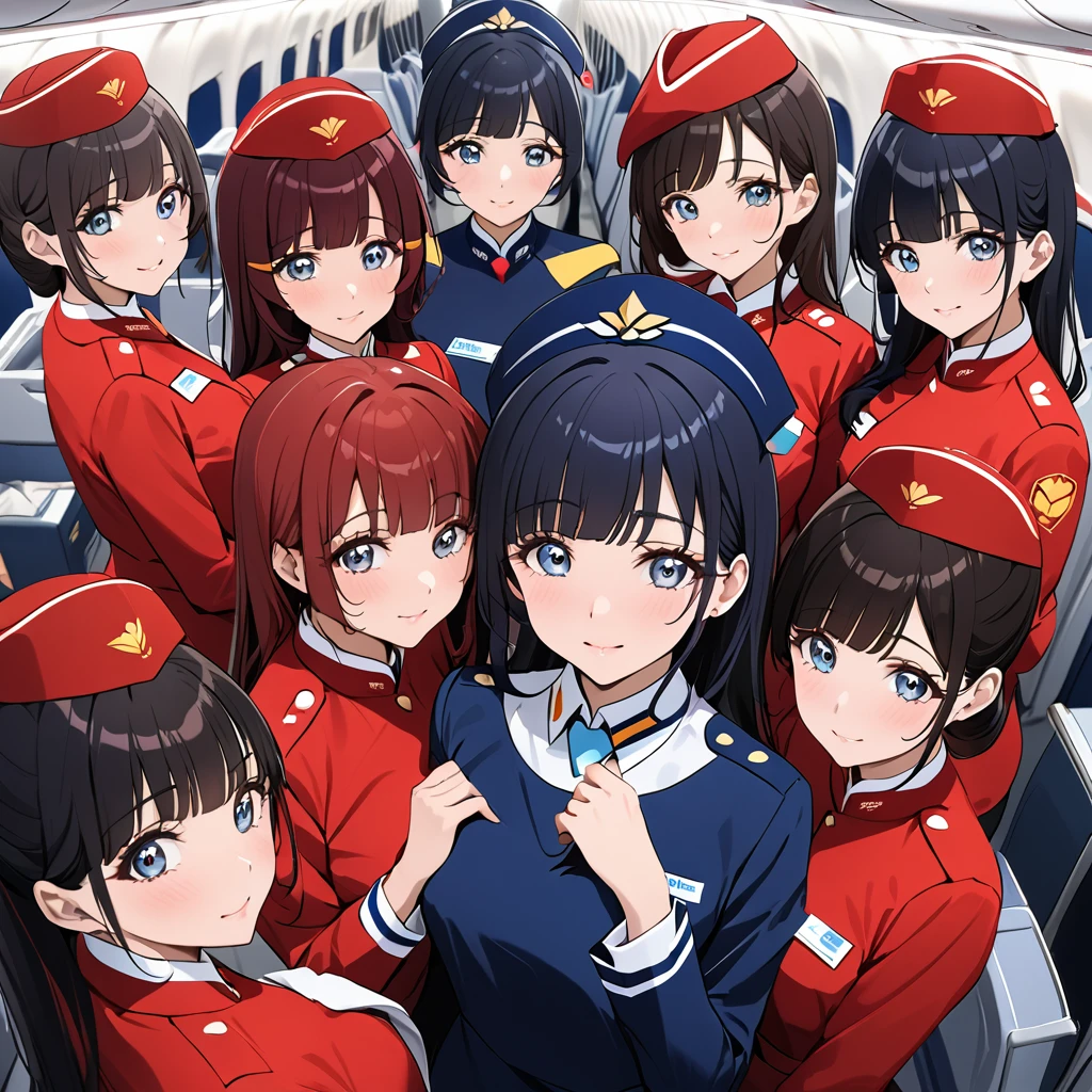 ((Highest quality)), ((masterpiece)), (detailed), (Perfect Face)、The woman is Reika Aoki with semi-long hair、The woman is a flight attendant for a Chinese airline.、Five flight attendants in red uniforms taking a photo