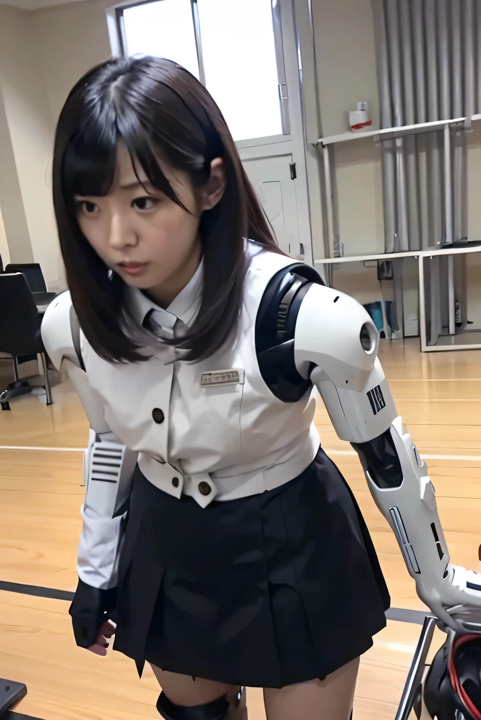masterpiece, best quality, extremely detailed, Japaese android girl,Plump , control panels,android,Droid,Mechanical Hand, Robot arms and legs, Black hair,Blunt bangs,perfect robot girl,long tube,thick cable connected her neck,android,robot,humanoid,cyborg,japanese cyborg girl ,future laboratory,connecting a cable between the legs,skirt, high socks,hypnosis,blank eyes,office-lady
