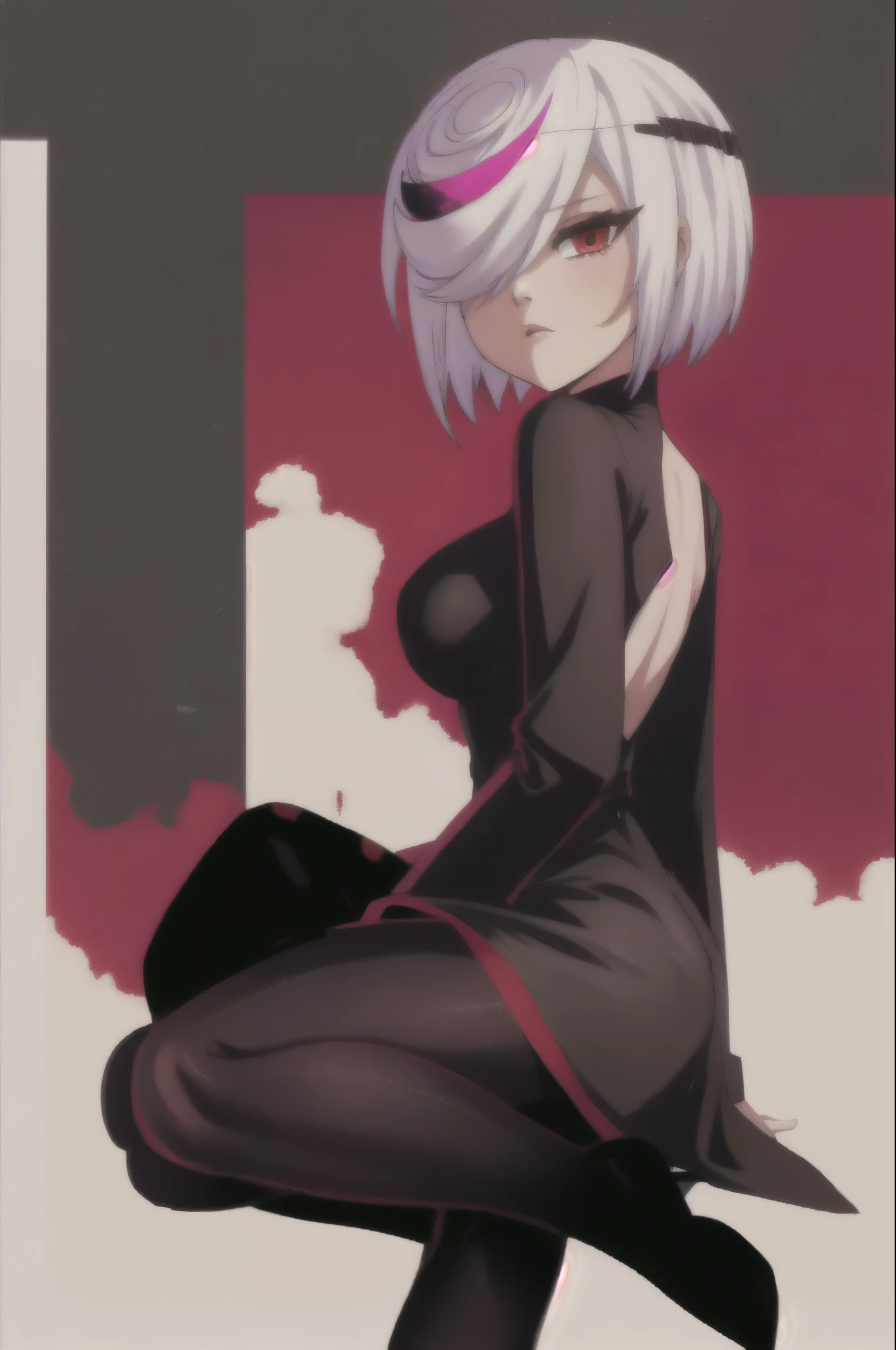 sthsage, Sage as an Adult, ((lower back length hair)), white hair, multicolored hair, hair over one eye, red eyes, black dress, black pantyhose, sitting, blank expression, ((lab background)), medium breasts, long sleeves, 
