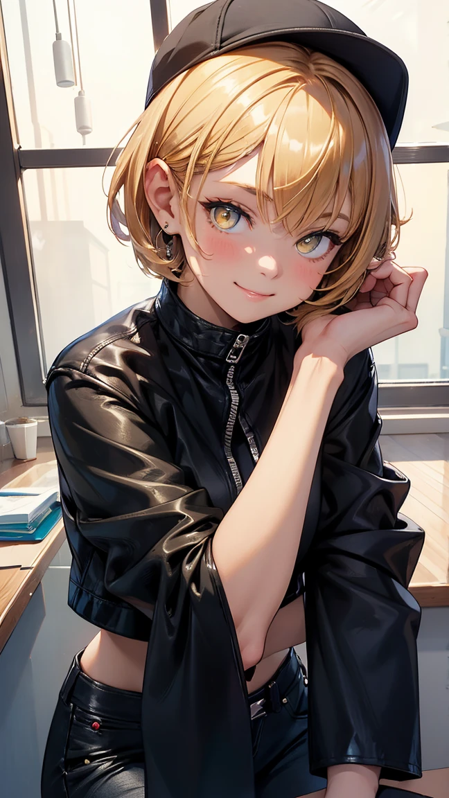 masterpiece, best quality, absurdres, score_9, score_8_up, score_7_up, source_anime, 1girl, yellow eyes, room, medium hair, pixie bob haircut, navy blue hair, happy face, portrait, starshadowmagician, solo, Adult woman, best perfect anatomy, Pose with hands tucked behind ears, Cheek resting on hand, cafe, indoors, window, crowd, sitting, steam, looking at viewer, black baseball cap, Black Front-Open leather Jacket with white tank top, black trousers, upper body, smile, Shooting up close, Shooting from the side, hanging light, ceiling light, potted plant,