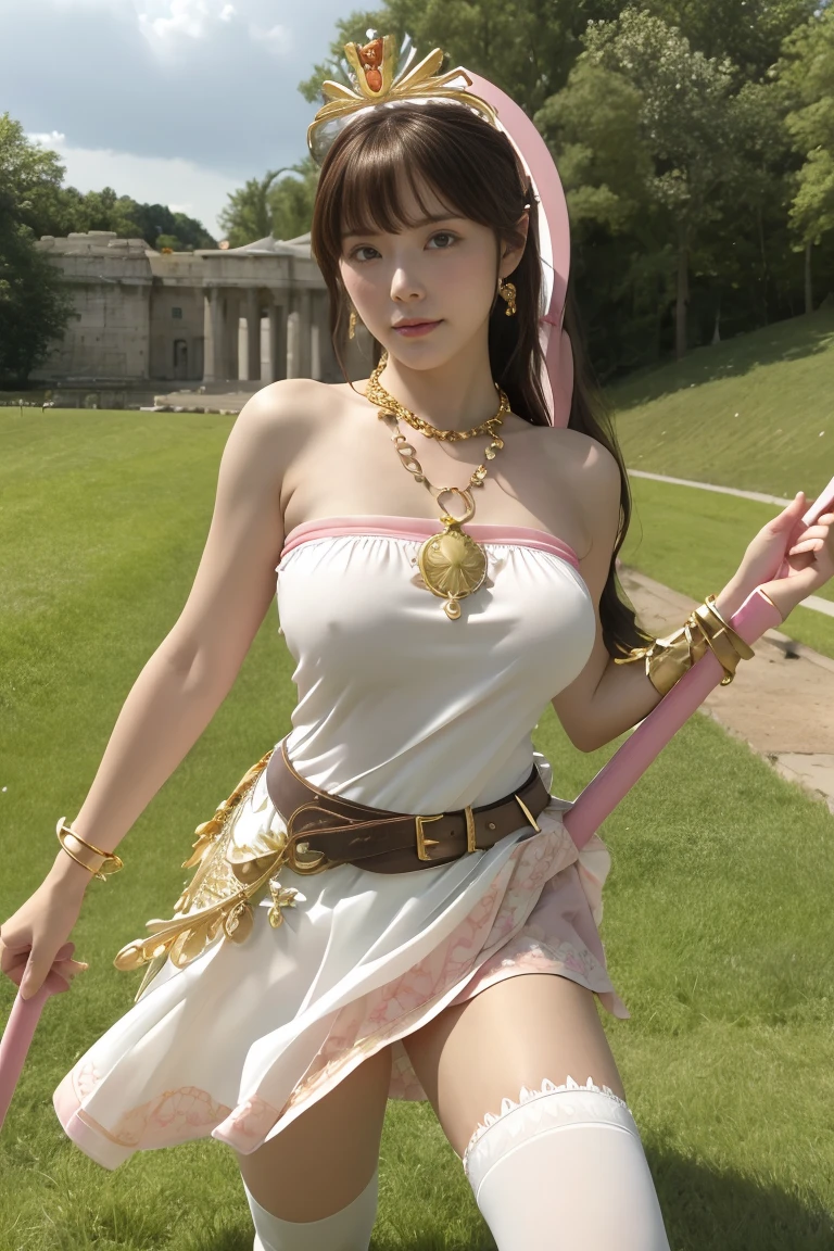 masterpiece, Highest quality, High resolution, hmpa1, pink, Parted bangs, Battle Tiara, Large Breasts, Golden Necklace, Exposing shoulders, Strapless Dress, Arm guard, belt, White Dress, White knee socks, Single knee socks, Outdoor, holding staff, staff, Hold a shield,Action pose