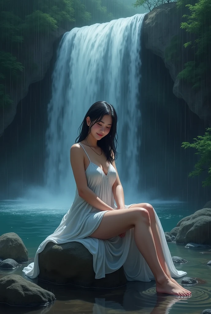 (Very realistic image), Centerpiece, masterpiece, Ultra detailed, High quality, 4k, complex, expert, Center, (volumetric lighting), beautiful, masterpiece, (ultra detailed landscape), (landscape sharp), (sharp image). (1 pretty girl alone), (1 sublime 20 year old girl), (Eurasian girl), (black and straight hair), (blue eyes: 1.3), innocent face, (seductive smile), (large gold hoop earrings), (naked body: 1.3), (small naked breasts: 1.3), (white shirt: 1.3), (open shirt, unbuttoned shirt: 1.5). (Navel-deep in water:1.3), (navel-deep in the water of a magnificent waterfall in a lush forest:1.3), (dark night:1.5), (darkness:1.3), (full moon:1.3), (low lighting). (High angle), (view viewer), (upper half of the body), (sensual dynamic pose), (perfect body), (perfect anatomy), (perfect hand)