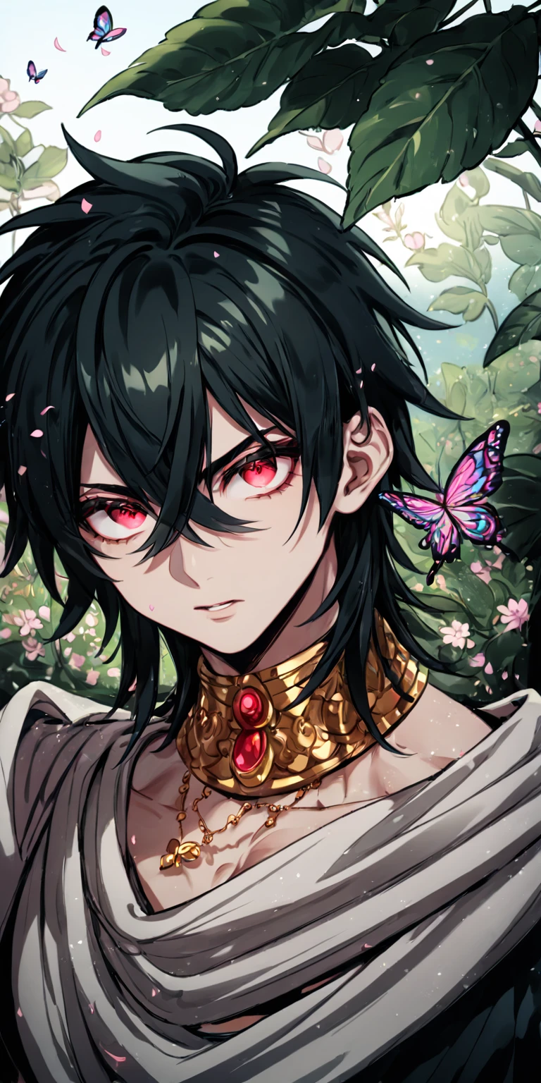 absurdres, highres, ultra detailed, HDR, master piece, best quality, extremely detailed, detailed face, detailed eyes, Judar, black hair, expressive red eyes, Magi: The Labyrinth Of Magic, solo, sexy man, handsome, manly man, sensual, Indian white chunnari around his shoulders, small short-sleeved black midriff-baring choli, black Indian pants, golden necklace with a ruby, golden bracelets, garden, cherry blossoms, pink petals, pink flowers, pink butterflies, blue sky, fantasy, magical