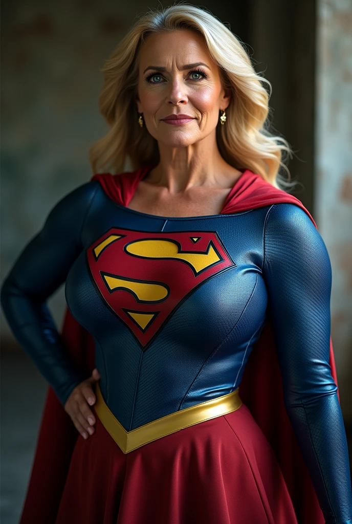 super old Jean Smart Supergirl;strong arms; incredible woman; big breasts. HD. Photograph, ((realism)), extremely high quality RAW photograph, ultra detailed photograph, sharp focus, high resolution, (detailed skin:1,3),high quality, film grain, Fujifilm XT3,Highly Detailed, movie, (Cinematic Photo:1.3) of (Realistic:1.3), by John Byrne/Jerry Ordway