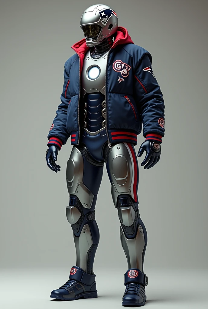 (photorealism:1.2), Full-length Ironman with open-face helmet, wearing New England Patriots jacket