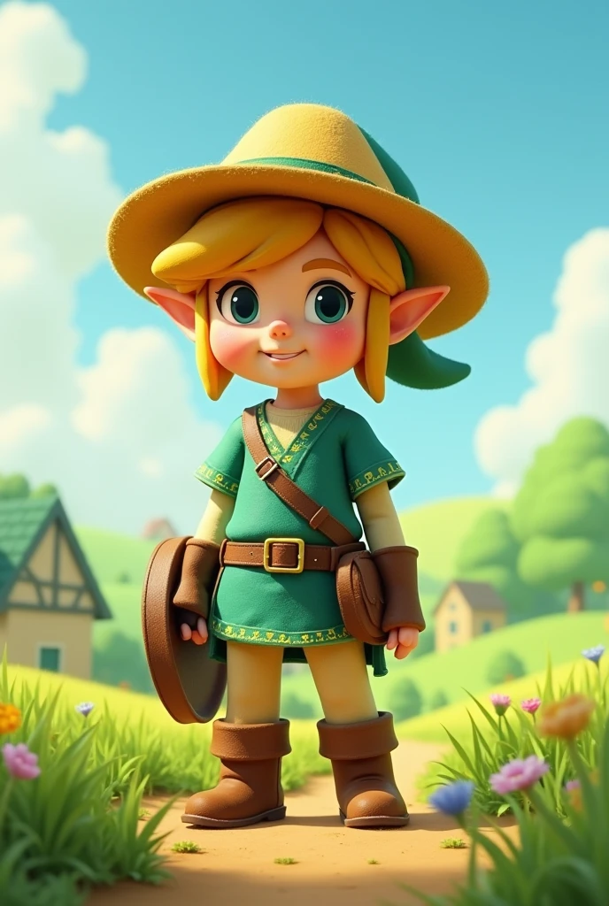 link from legend of zelda in a farmers yellow straw hat with a cute farmer outfit smiling 