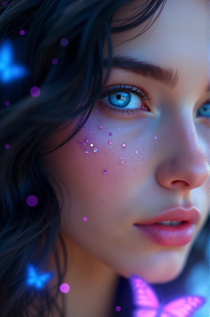 Close-up of a best masterpiece, HD photo, INTENSE SAPPHIRE SKY BLUE EYES just the face of a beautiful Russian woman like Aphrodite, with black hair in waves and sapphire blue eyes as clear as the sky, SAPPHIRE BLUE EYES STAND OUT, colored stars in the eyes, with purple and pink glitter on her face, Looking forward in profile, that only his face is seen, In the background a beautiful place with pink sparkles and blue butterflies, daylight glow, A radiant glow, LET YOUR EYES BE THE MOST IMPORTANT THING AND THE ONLY THING THE IMAGE FOCUS ON with diamond skin and a shiny hair part to symbolize brilliance. with diamond