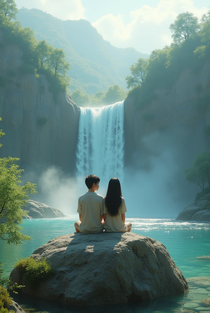 Pretty twins sitting facing each other on a rock and waterfall and nice beautiful landscape 4k