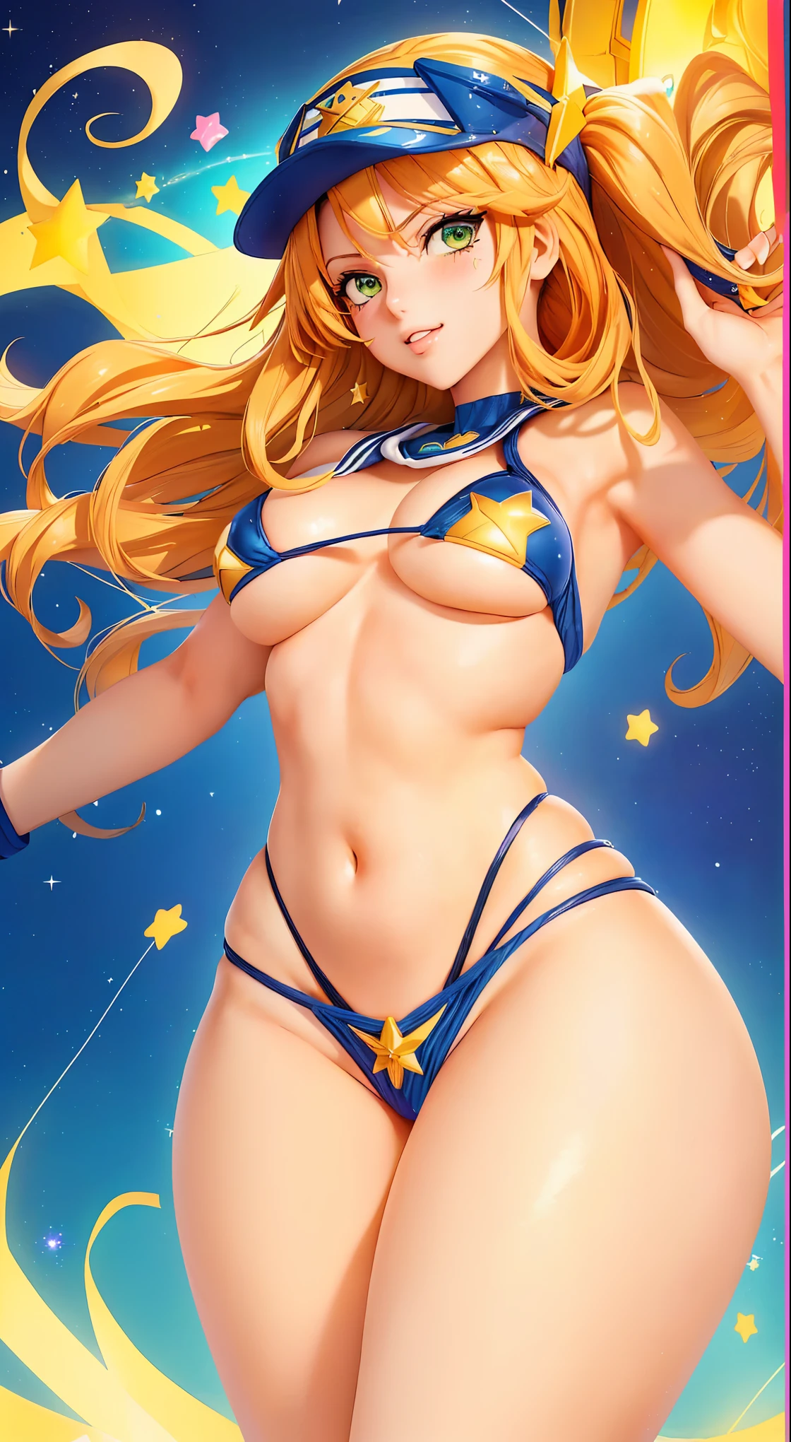 sailor girl in a bikini and hat with stars in the background, nami one piece, nami from one piece, nami, asuka suit under clothes!, lovely brigitte from overwatch, sexy-s 100, the sailor galaxia. beautiful, beautiful portrait of nami, miss fortune, glamorous angewoman digimon, full body zenkai! asuka suit