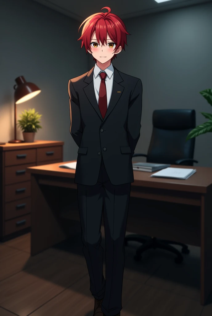 create an anime style image, There is a young adult man, White skin, red hair and hazel brown eyes, He is wearing a black suit with a tie and dark brown shoes., He is standing next to a table with his hands behind his back and looking shy., The boy smiles shyly and there is a slight blush on his cheeks. The background is of an office that is dark. close up of his face. anime style