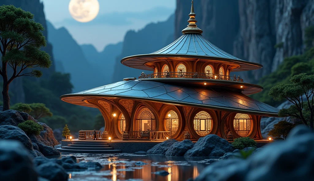a tiny futuristic mosque with Minang architecture under the Harau Valley at night, close up view from below