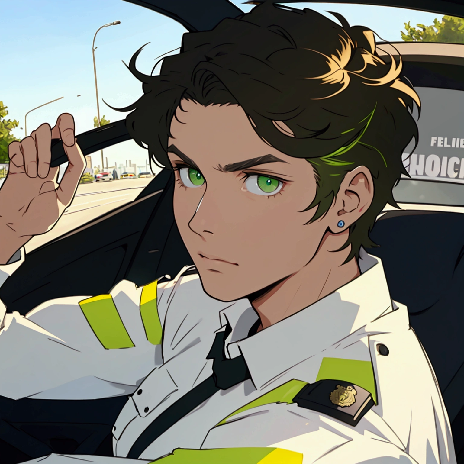Male police officer, brunette with short messy hair, light green eyes with serious expression driving a car