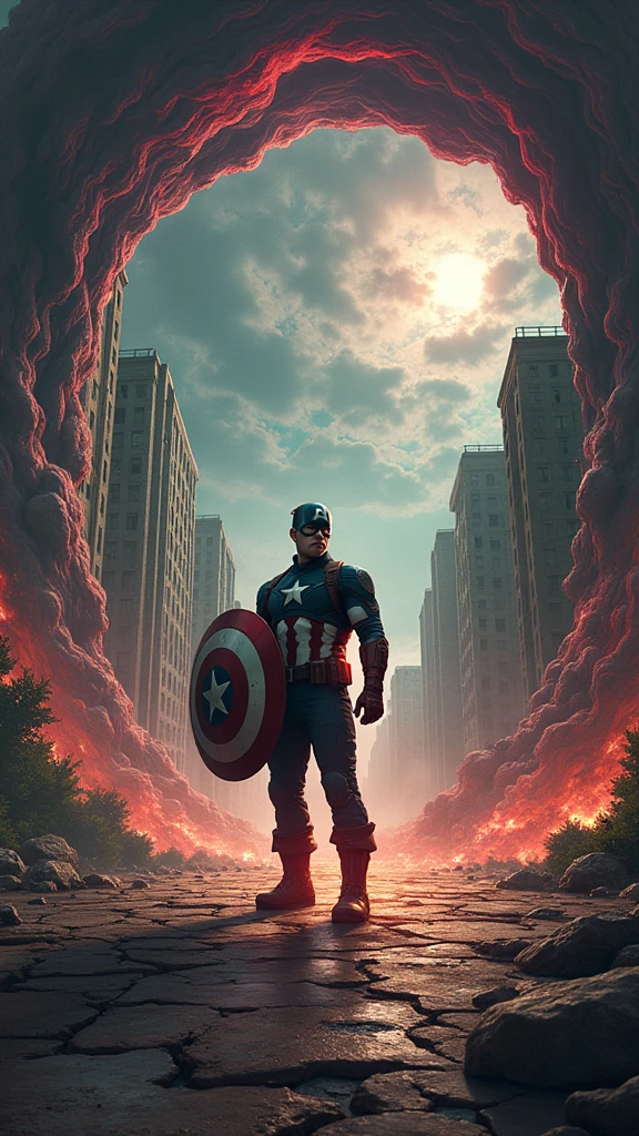 Illustrate Captain America standing in the midst of a collapsing reality, with the environment around him severely distorted and warped. His figure appears slightly twisted, as if being pulled in multiple directions by the forces of the temporal paradox. The shield he holds glows intensely, emitting pulses of energy in a desperate attempt to stabilize the chaos. The surroundings—buildings, trees, and even the ground—are stretched and twisted, curving towards Captain America at the center. The sky is a chaotic swirl of deep reds, purples, and greens, reflecting the unnatural state of the world. The ground beneath him is fractured, with pieces floating slightly off the surface, defying gravity. The composition is centered on Captain America, with the environment spiraling inward, creating a disorienting effect. In the background, faint fragments of past and future timelines are visible, adding layers of complexity. The atmosphere is chaotic and unsettling, with a sense of urgency as Captain America struggles to maintain his balance and composure. His face shows determination, tinged with fear, as he confronts the reality-threatening force. The scene should evoke the visual of a whirlpool, where reality spirals down into an abyss centered on Captain America, with vibrant, unnatural colors contrasting against the darker, twisted environment. The image should balance the surreal distortions with a clear focus on Captain America and his shield, ensuring the central elements remain recognizable amidst the chaos.
