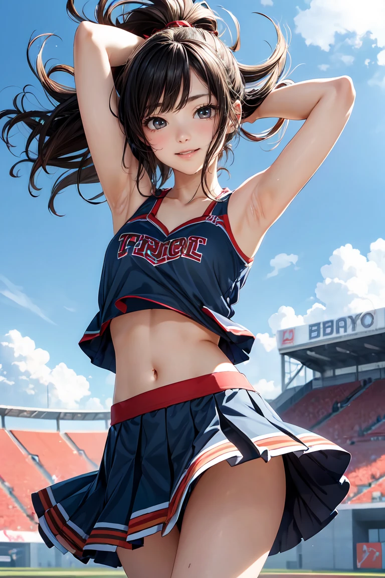 (Highly detailed eyes), (Ultra-detailed顔),high quality, Best image quality, masterpiece,  Girl, 1, Very cute and beautiful cheerleaders are dancing, Dynamic pose, Soft wavy hair, Black Hair, (smile:1.2), Mid-chest, (Red top with logo:1.3),, Underarm, belly button, Thighs, Exposing shoulders, Bare arms, Natural light, Hair blowing in the wind, Beautifully detailed skies, Stadium, ((最high quality)), Ultra-high resolution, Ultra-detailed, Detailed depiction, ((Best Anime)),bottomless,