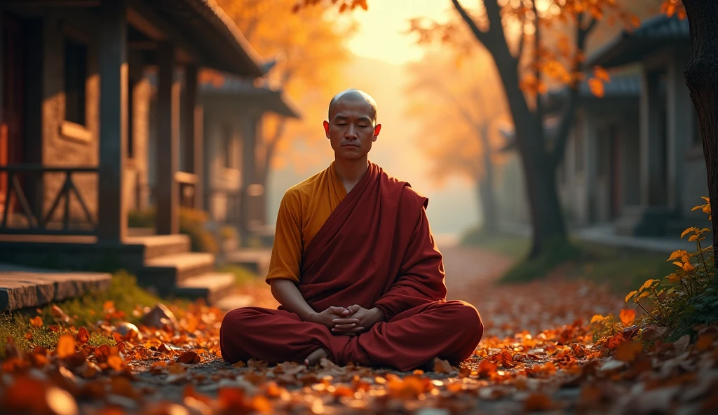 buddhist monk meditating, not to the center, clear facial features, bright colors, light particles, with bright light, Mushhiv, wallpaper art, UHD wallpapers, vivid atmosphere, near an old house, village