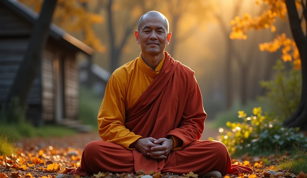 buddhist monk meditating, not to the center, clear facial features, bright colors, light particles, with bright light, Mushhiv, wallpaper art, UHD wallpapers, vivid atmosphere, near an old house, village