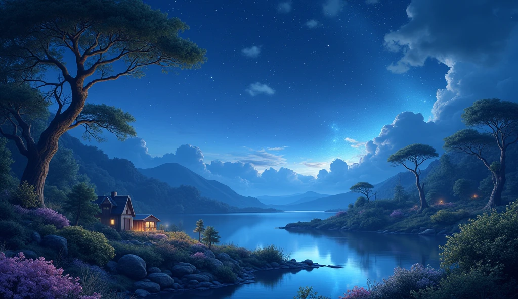 幻想的なnightの風景、Gorgeous、Live-action-like images、Fantasy elements、Cute atmosphere、星が煌めくnight空、High quality、Super Real、night、beautiful、Highest quality、Cloudless sky、