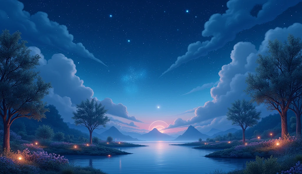 幻想的なnightの風景、Gorgeous、Live-action-like images、Fantasy elements、Cute atmosphere、星が煌めくnight空、High quality、Super Real、night、beautiful、Highest quality、Cloudless sky、