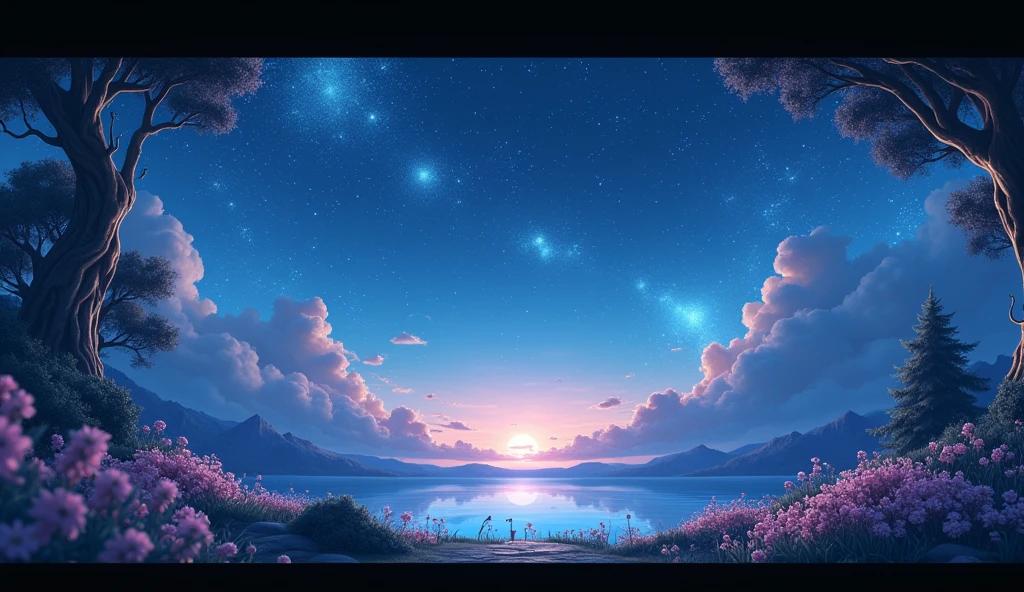 幻想的なnightの風景、Gorgeous、Live-action-like images、Fantasy elements、Cute atmosphere、星が煌めくnight空、High quality、Super Real、night、beautiful、Highest quality、Cloudless sky、