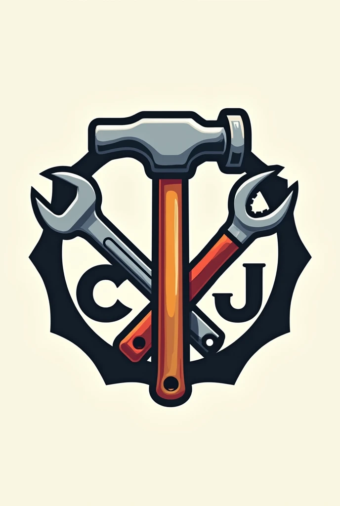 A fictional hardware store logo with a hammer, other tools and initials: c, J, k, in