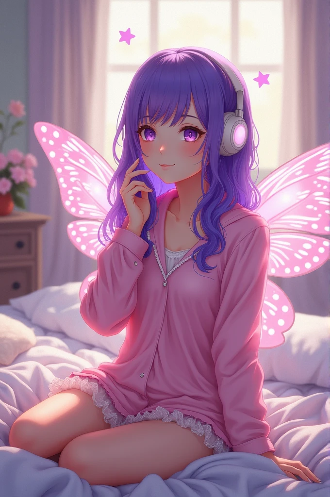 Korean purple hair butterfly woman with headphone and cute pink pajamas bedroom background 