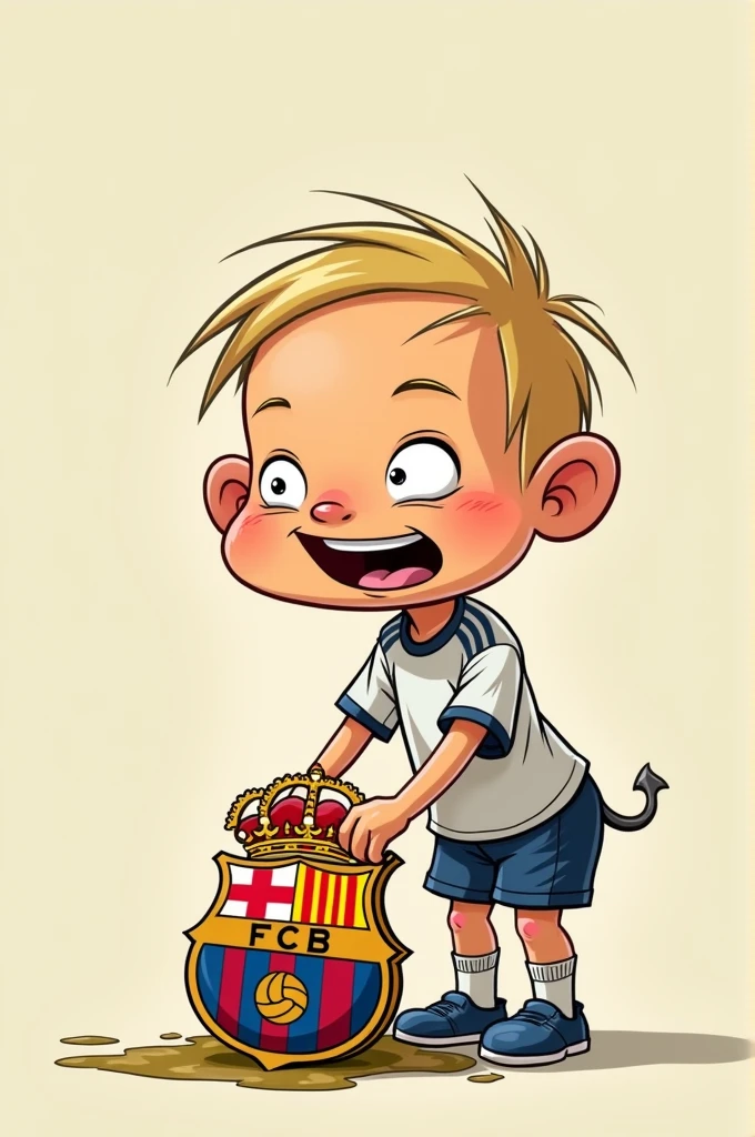 Cartoon of a child wearing a Real Madrid shirt urinating on the Barcelona crest