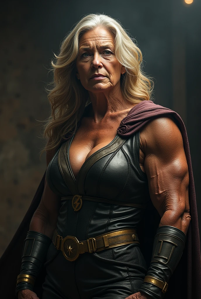 superstrong old Jean Smart Supergirl;strong arms; incredible woman; big breasts. HD. Photograph, ((realism)), extremely high quality RAW photograph, ultra detailed photograph, sharp focus, high resolution, (detailed skin:1,3),high quality, film grain, Fujifilm XT3,Highly Detailed, movie, (Cinematic Photo:1.3) of (Realistic:1.3), by John Byrne/Jerry Ordway