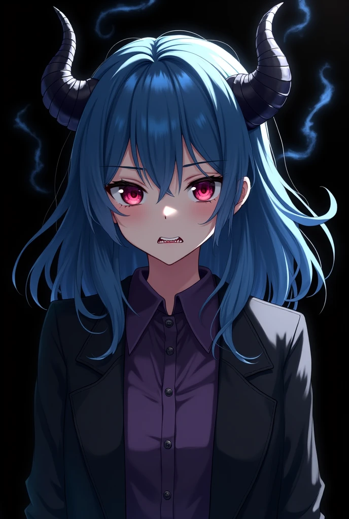 More mature anime style image. An image with a black background. a teenage girl, blue hair and red eyes, wore a purple blouse and a black overcoat. Horns protruded from his hair and he had a visible, sharp canine.. A human image, but still diabolical. A dark area around him ready to kill at any moment along with his serious expression.