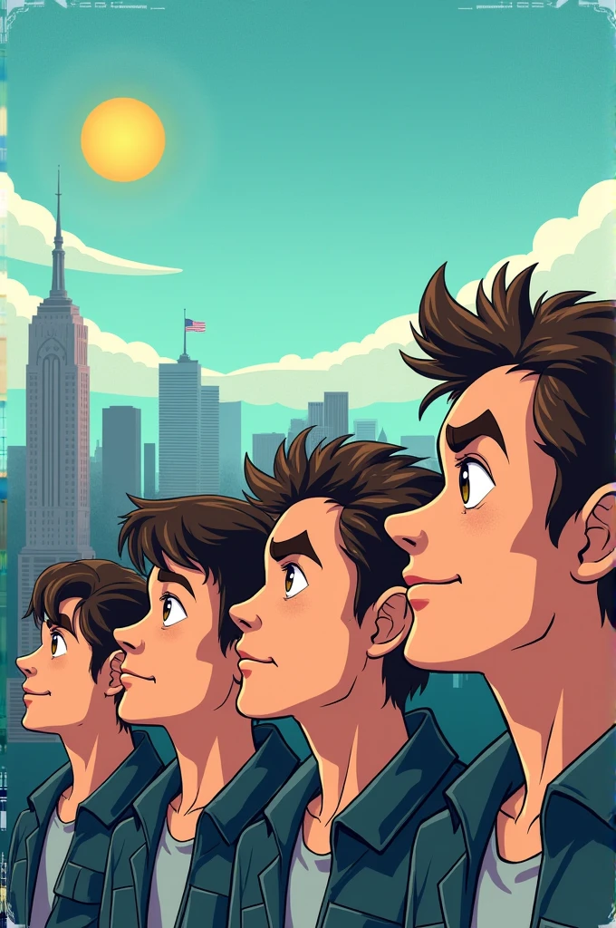 The image is the cover of an album by the band Los Bunkers titled "The blame". The picture shows five young men, probably members of the band, with their faces looking to the right, with a background of a city with a sun and clouds. The image conveys a sense of optimism and energy with a cartoon style.
