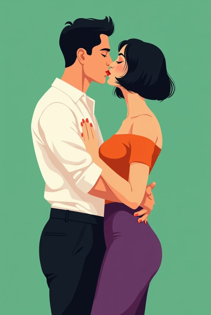 Latin dancers couple being intimacy together. A man with black hair and a white collar long sleeve shirt and black panty. A woman with black bob hair cut with orange ruffle off the shoulder top and purple leggings. Eyes closed, and kissing. Vector illustration, minimalist, flat color, green background