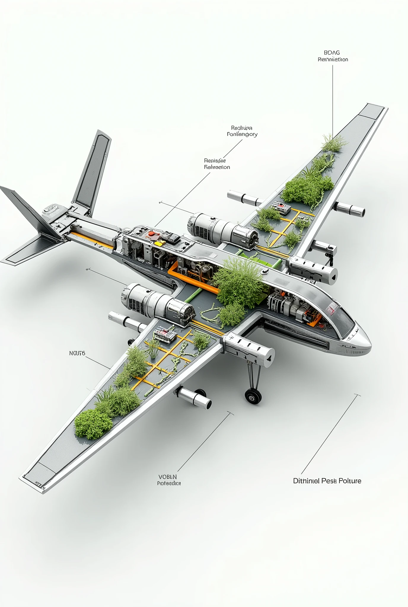 Show me the internal system of the drone with an organic pesticide irrigation system in specific places where the pests are located., pointing out each of its parts and materials