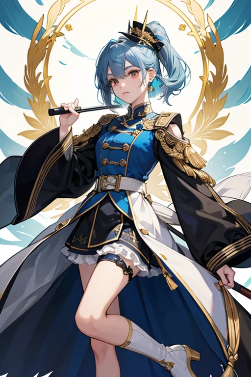 Xingqiu dark-silver blue hair, wears a blue earring with a gold tassel on her right ear. Her Vision is pinned to the bottom of the left side of her coat on top of a span of frilled, white fabric. A tassel made of amber which matches her eyes hangs from her Vision.
Her attire consists of a long coat of silk which gradients from black at the collar, to shades of navy blue as the material descends. The coat's underside is a contrasting yellow with a faint, wavy pattern decorating the fabric, alluding to his Hydro vision. Her collar and shoulder plates are rimmed with a gold, metallic material and to the right side of her chest sits a large circular brooch. It is embedded with a blue jewel, alike the center of her collar, coat buttons and sleeve cuffs (front and side). Underneath, Xingqiu wears a white long-sleeved shirt with a frilled seam to the right, revealed by the slit of her coat behind two overlapping ribbon-like buttons. SPARKLE; GLITTER
He additionally wields distinct, frilled sleeves which extend from his coat's baggy, gold pair. A clover-like ribbon of white, black and yellow is pinned to the right side of his belt. Beneath this hangs a pair of rectangular ribbons, one in white covering a notably longer, black ribbon. Both of them wield gold decals at their ends. He also wears a pair of navy-blue shorts with ends of black that are mostly concealed by the length of his coat. On his right leg, Xingqiu wears a garter with a blue tassel, just below the knee. His footwear consists of a pair of white high-calf boots, black at the heels and soles with gold motifs.
